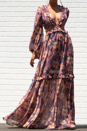 DD3246, PRINTED LACE UP WOVEN MAXI DRESS