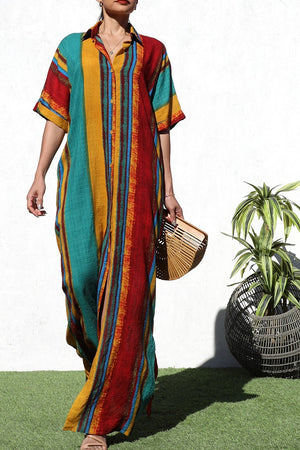 DD8258, MULTI PRINTED BUTTON DOWN SHIRT DRESS