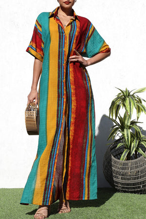 DD8258, MULTI PRINTED BUTTON DOWN SHIRT DRESS