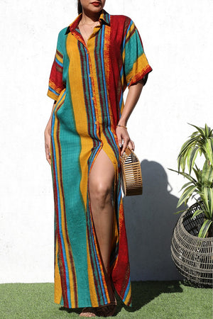 DD8258, MULTI PRINTED BUTTON DOWN SHIRT DRESS