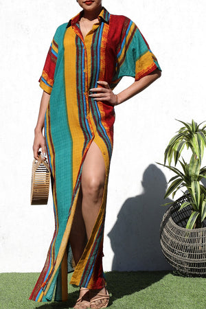 DD8258, MULTI PRINTED BUTTON DOWN SHIRT DRESS