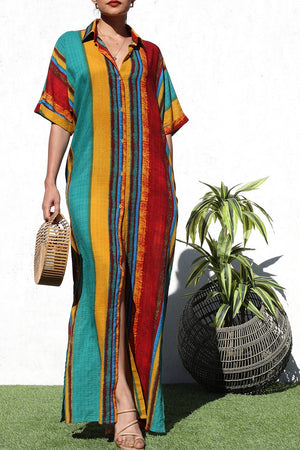 DD8258, MULTI PRINTED BUTTON DOWN SHIRT DRESS