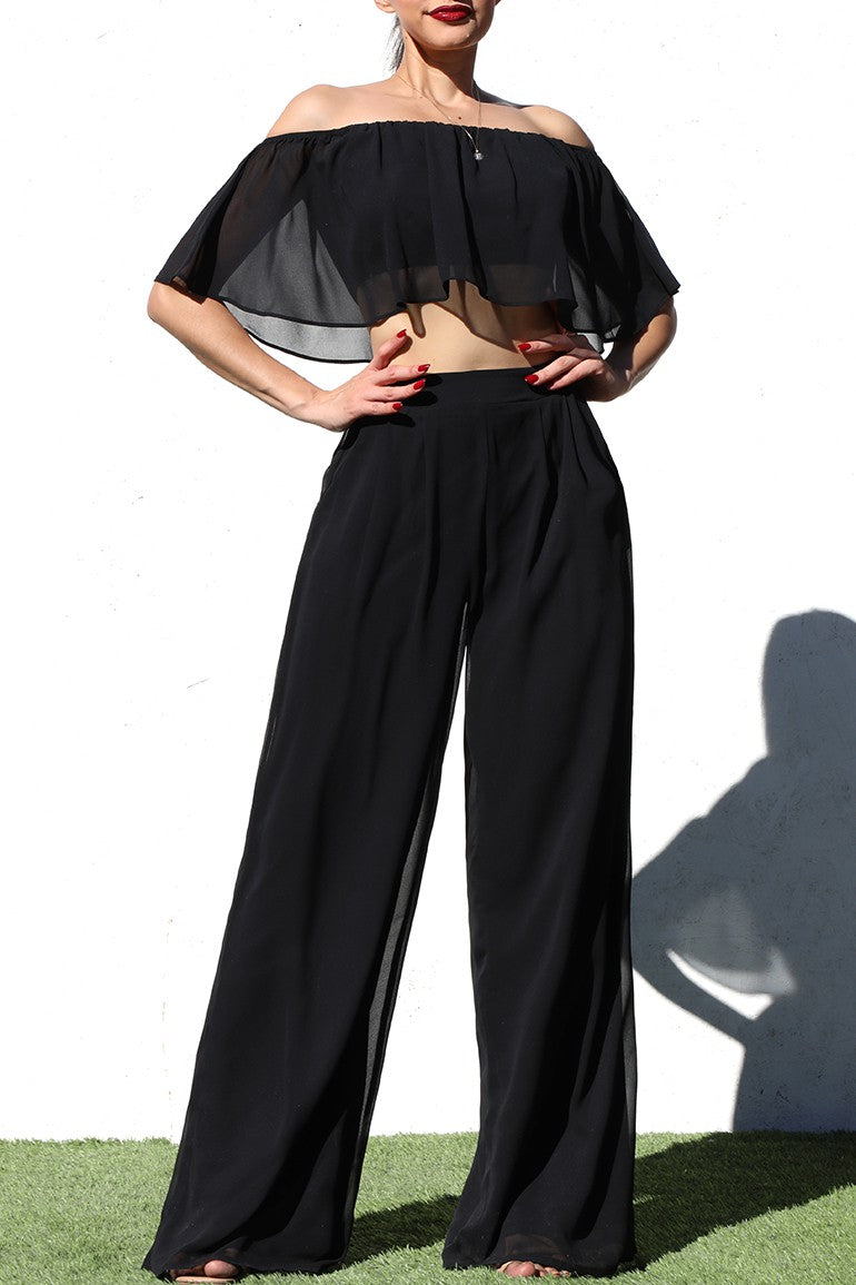 DD4981, OFF SHOULDER WOVEN  TOP AND PANT SET