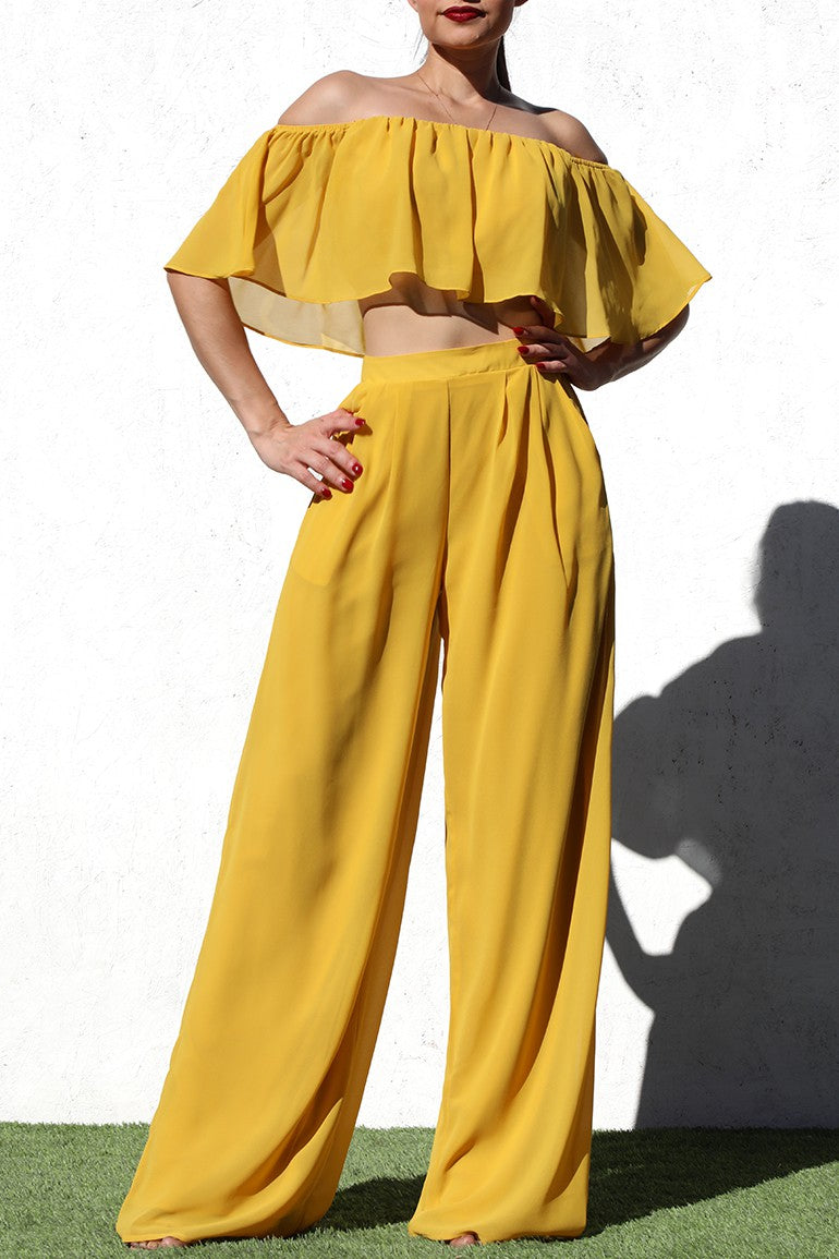 DD4981, OFF SHOULDER WOVEN  TOP AND PANT SET