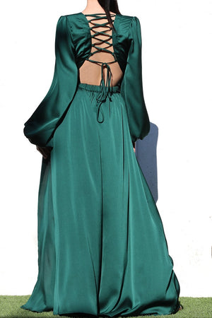 DD4178, LACE UP SATIN MAXI DRESS