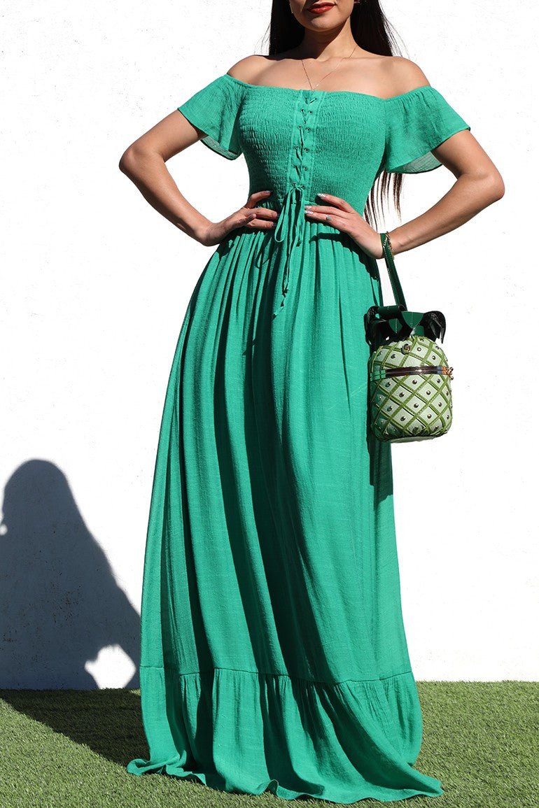 DD4979, SMOCKED LACE UP WOVEN MAXI DRESS