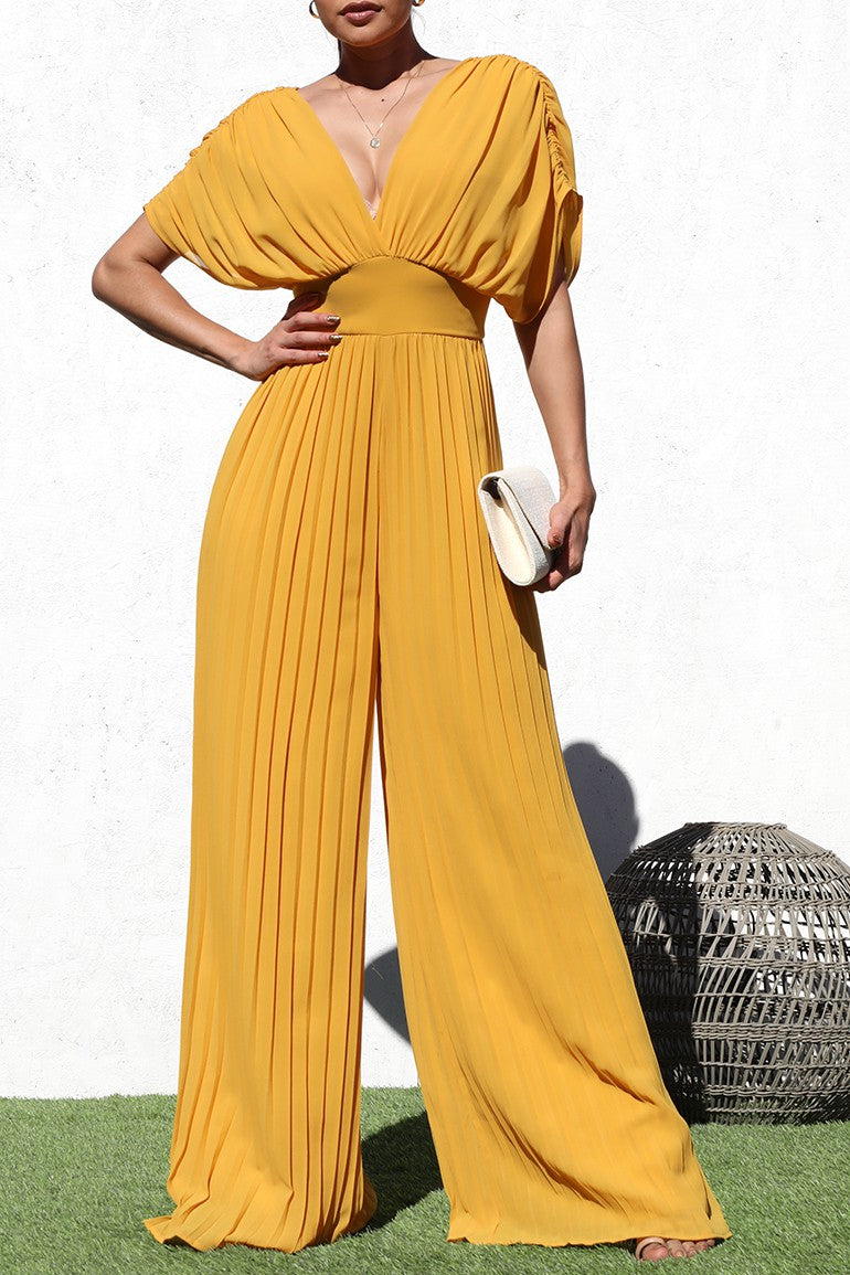 DD4949, PLEATED V NECK WOVEN JUMPSUIT