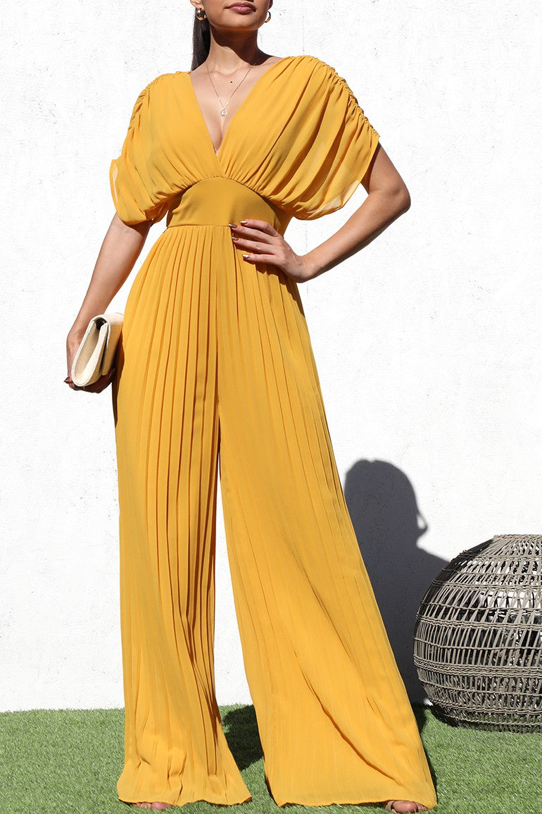 DD4949, PLEATED V NECK WOVEN JUMPSUIT