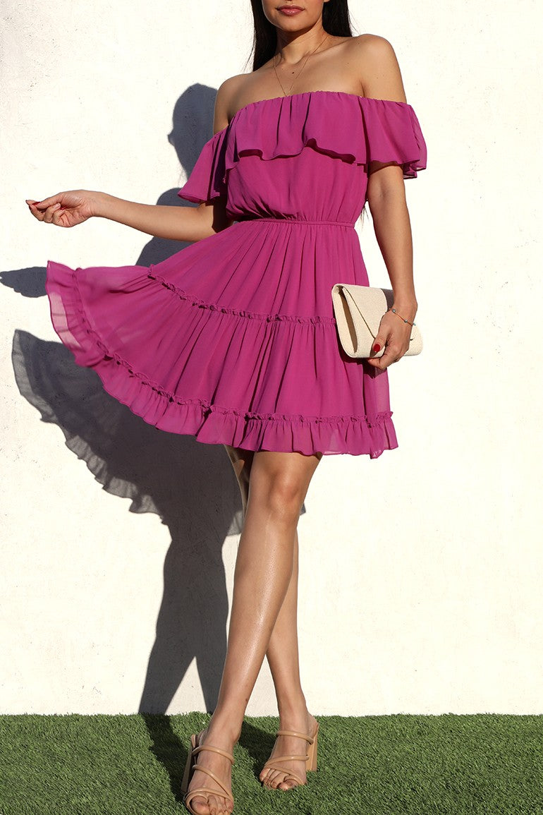 DD2146, OFF SHOULDER WOVEN RUFFLED MINI DRESS