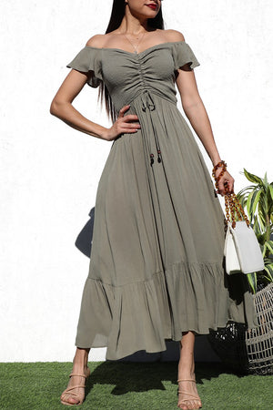 DD4217, SMOCKED TOP WOVEN LONG DRESS