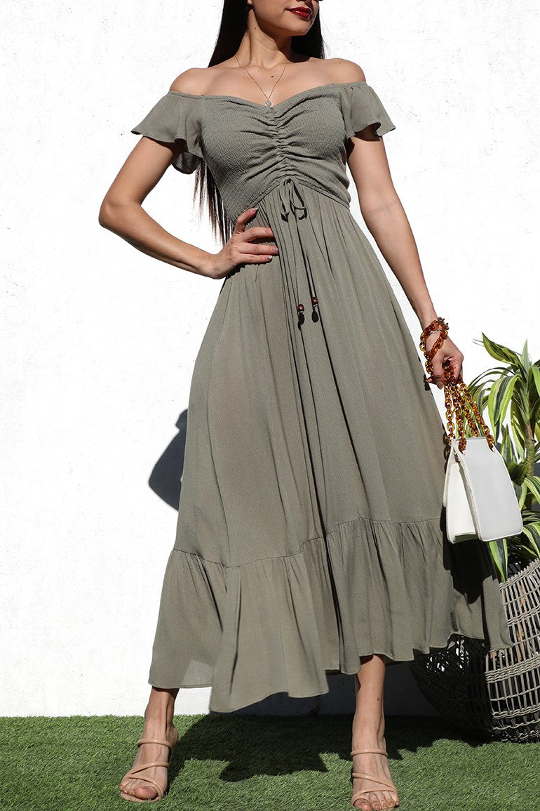 DD4217, SMOCKED TOP WOVEN LONG DRESS