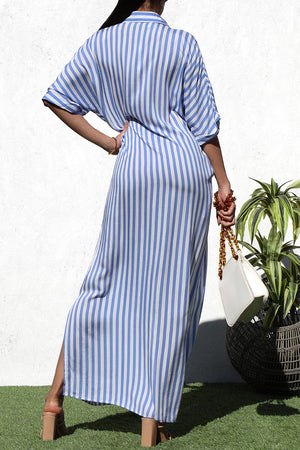 DD2154, STRIPED BUTTON DOWN WOVEN SHIRT DRESS