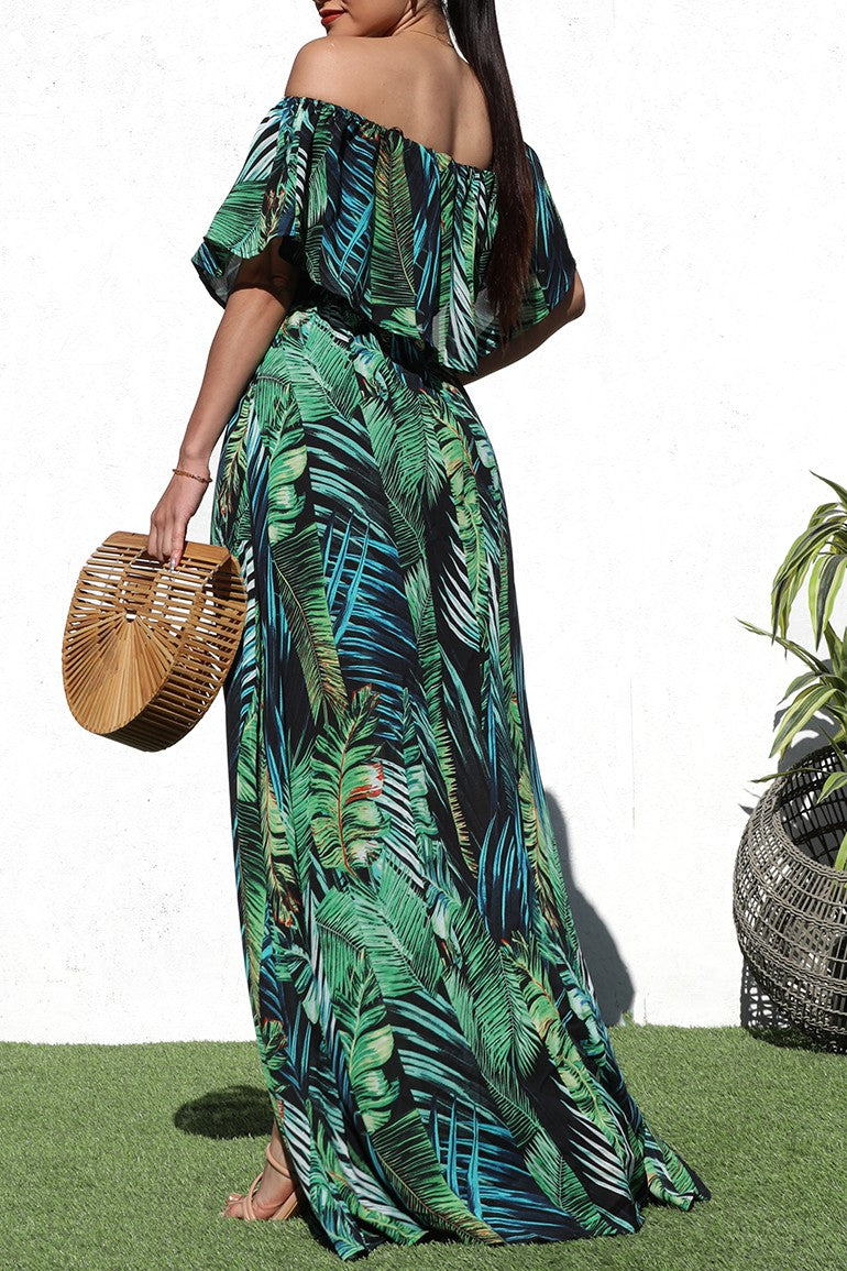DD7187, PRINTED OFF SHOULDER WOVEN MAXI DRESS