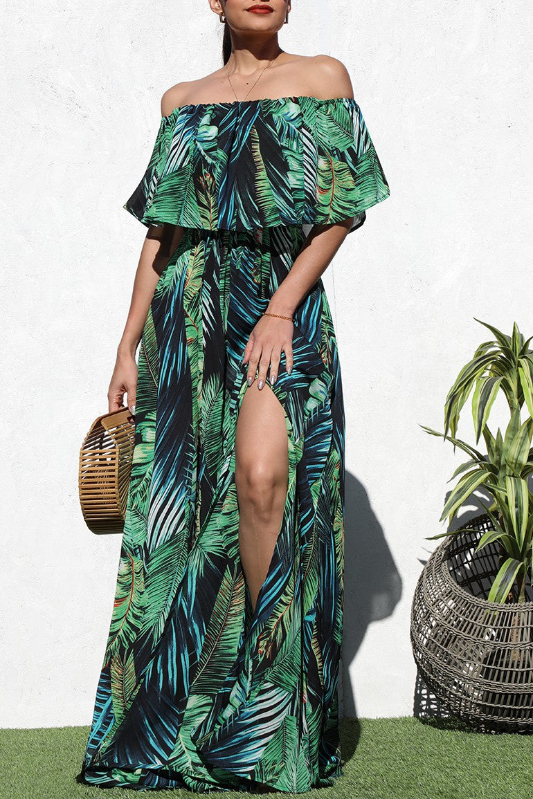 DD7187, PRINTED OFF SHOULDER WOVEN MAXI DRESS
