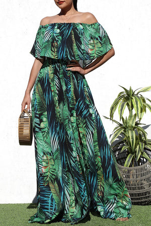 DD7187, PRINTED OFF SHOULDER WOVEN MAXI DRESS