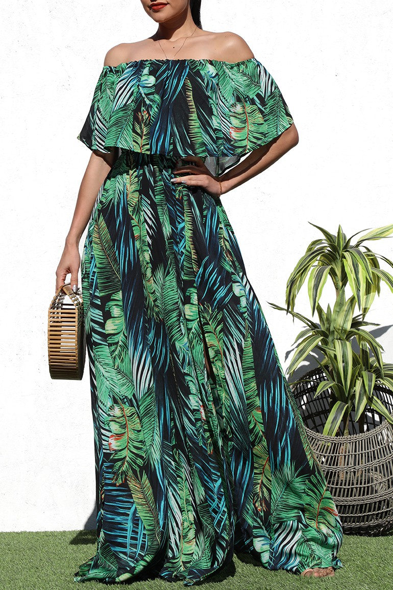 DD7187, PRINTED OFF SHOULDER WOVEN MAXI DRESS