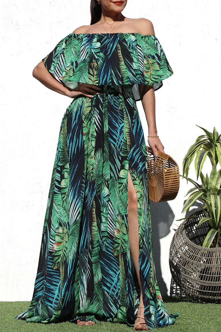 DD7187, PRINTED OFF SHOULDER WOVEN MAXI DRESS