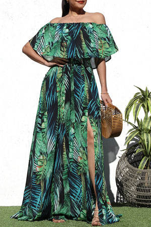 DD7187, PRINTED OFF SHOULDER WOVEN MAXI DRESS