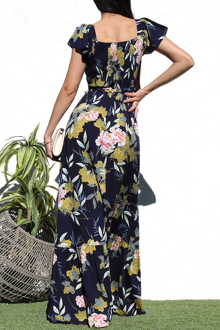 DD6051, PRINTED SMOCK TOP WOVEN MAXI DRESS