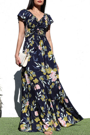 DD6051, PRINTED SMOCK TOP WOVEN MAXI DRESS