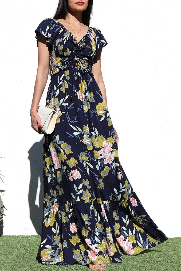 DD6051, PRINTED SMOCK TOP WOVEN MAXI DRESS