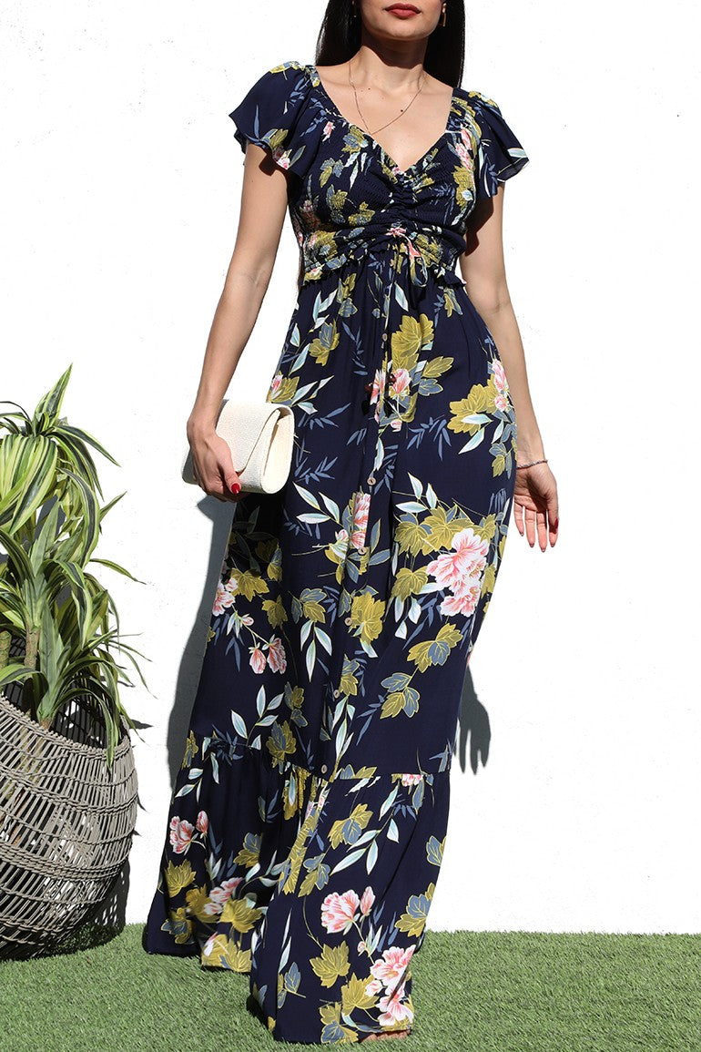 DD6051, PRINTED SMOCK TOP WOVEN MAXI DRESS