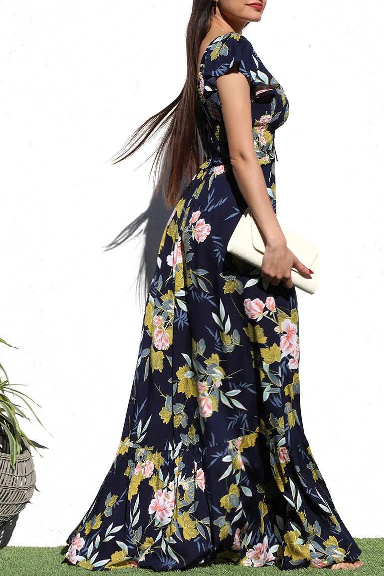 DD6051, PRINTED SMOCK TOP WOVEN MAXI DRESS