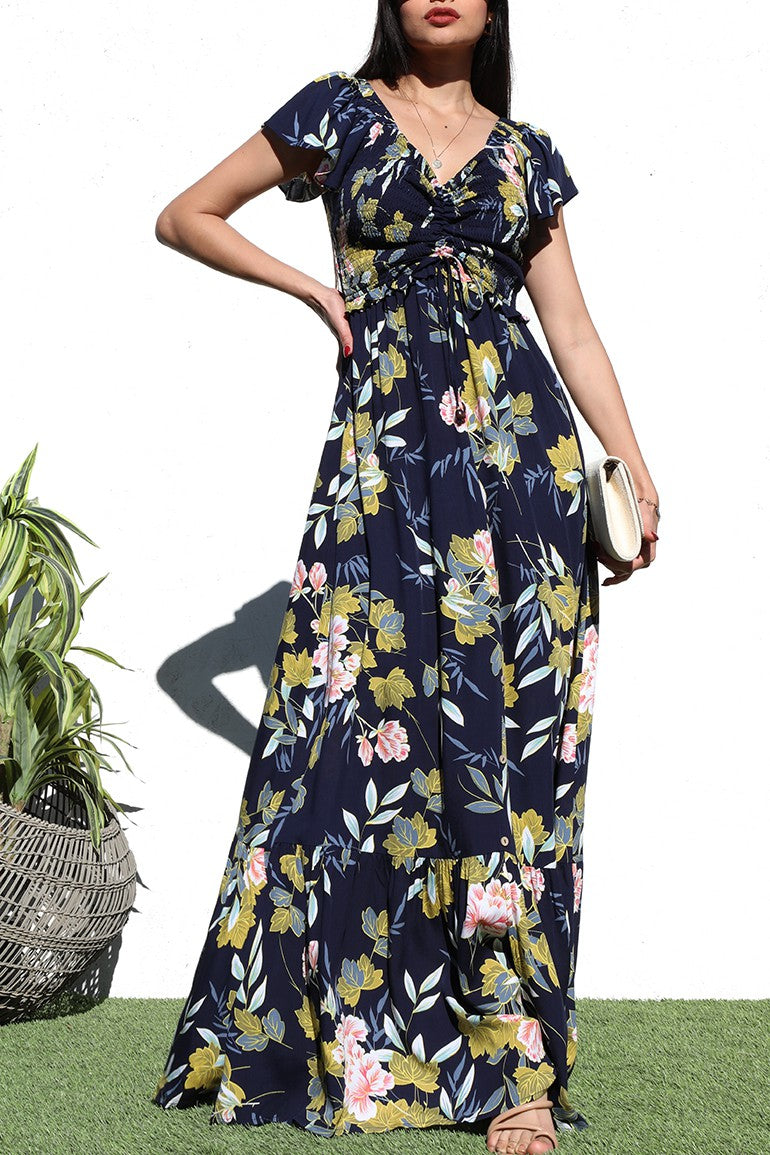 DD6051, PRINTED SMOCK TOP WOVEN MAXI DRESS