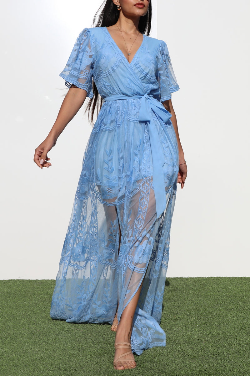 DD3587, LACE PUFF SLEEVES MAXI DRESS