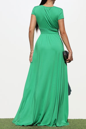 DD1944, V NECK VENETIAN MAXI DRESS