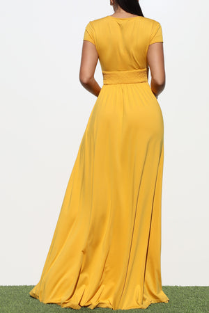 DD1944, V NECK VENETIAN MAXI DRESS