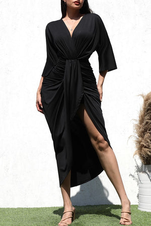 DD1236, VENETIAN V NECK RUCHED BODYCON DRESS