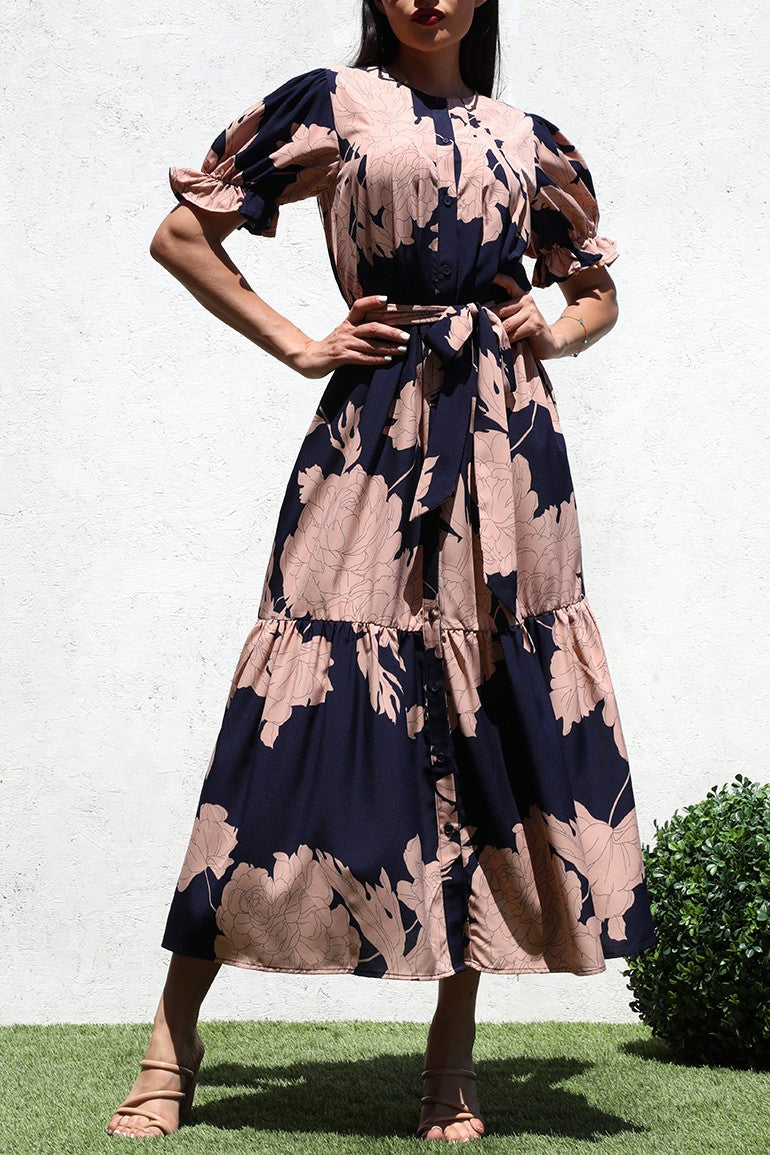 DD5090, PRINTED BUTTON DOWN WOVEN LONG DRESS