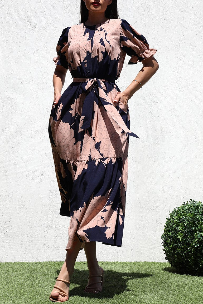 DD5090, PRINTED BUTTON DOWN WOVEN LONG DRESS