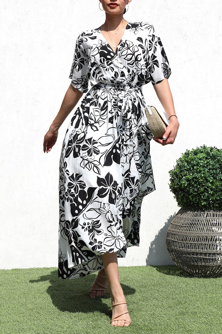 DD6379, PRINTED V NECK WOVEN DRESS