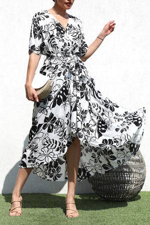 DD6379, PRINTED V NECK WOVEN DRESS