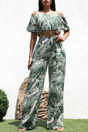 DD5070, PRINTED WOVEN TOP AND OVERROLL PANT SET
