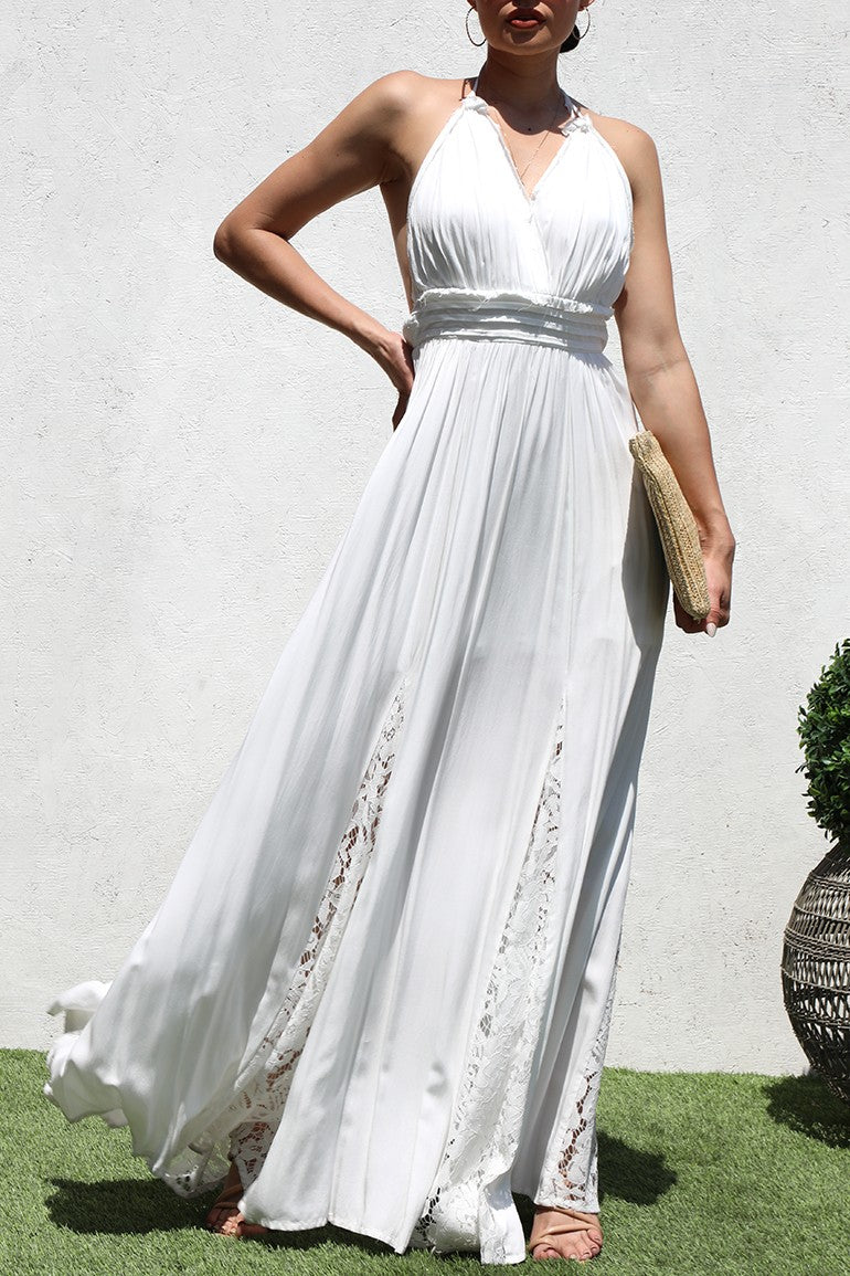 DD3563, V NECK MAXI WOVEN DRESS WITH LACE DETAIL