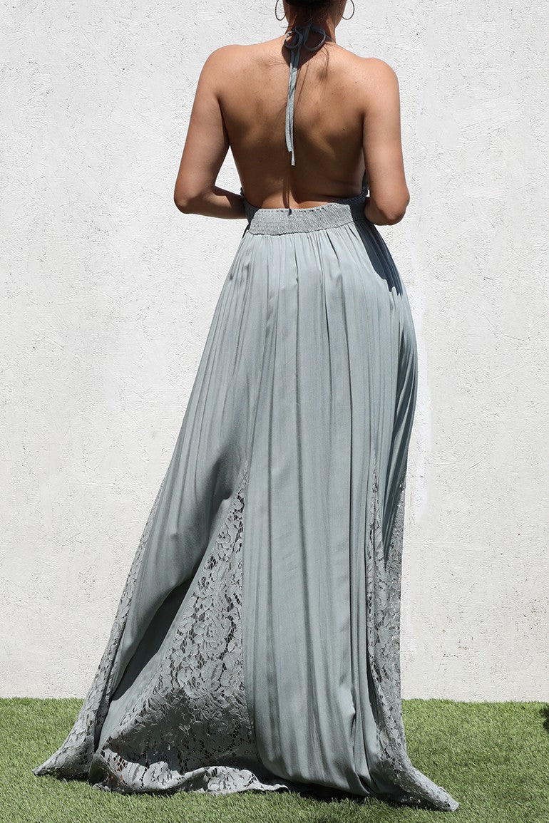 DD3563, V NECK MAXI WOVEN DRESS WITH LACE DETAIL