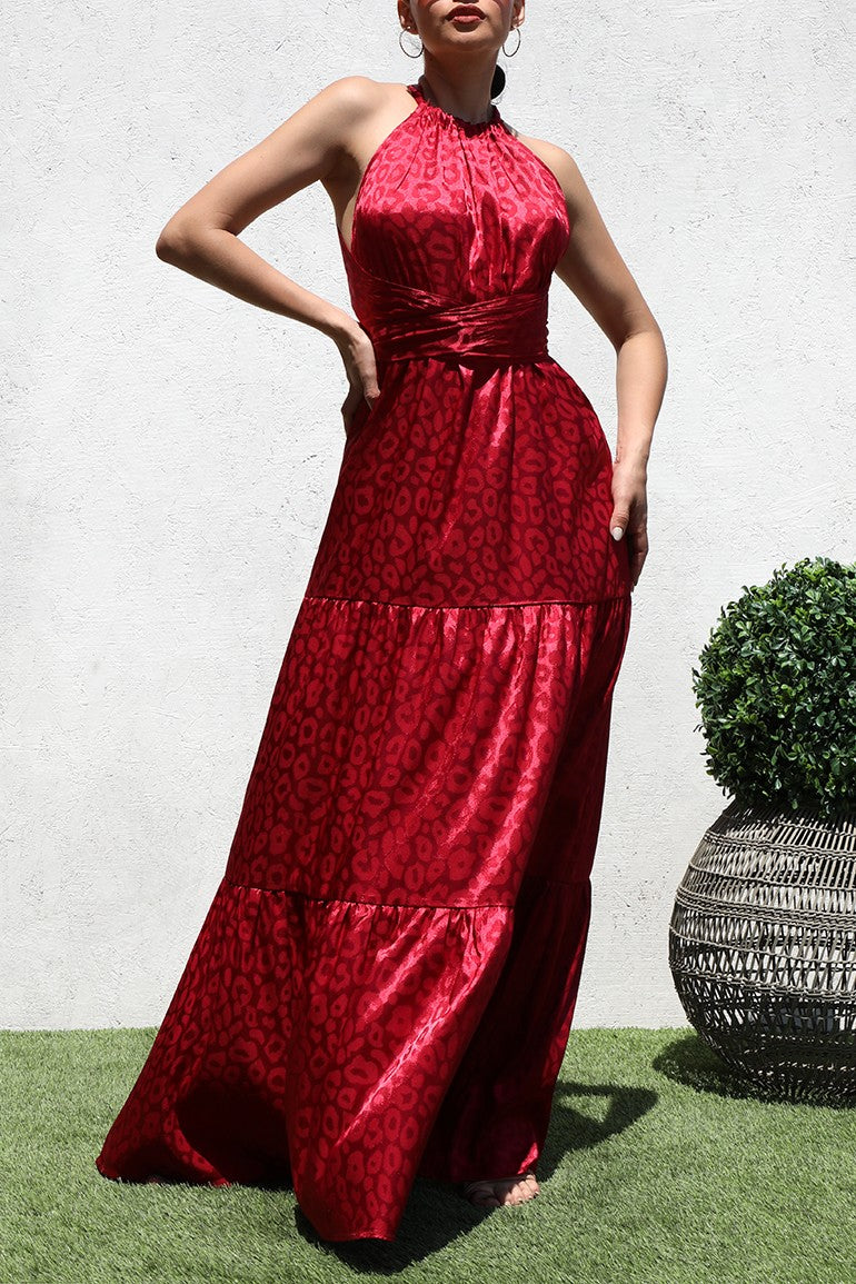 DD3274, RUCHED NECKLINE SATIN MAXI DRESS