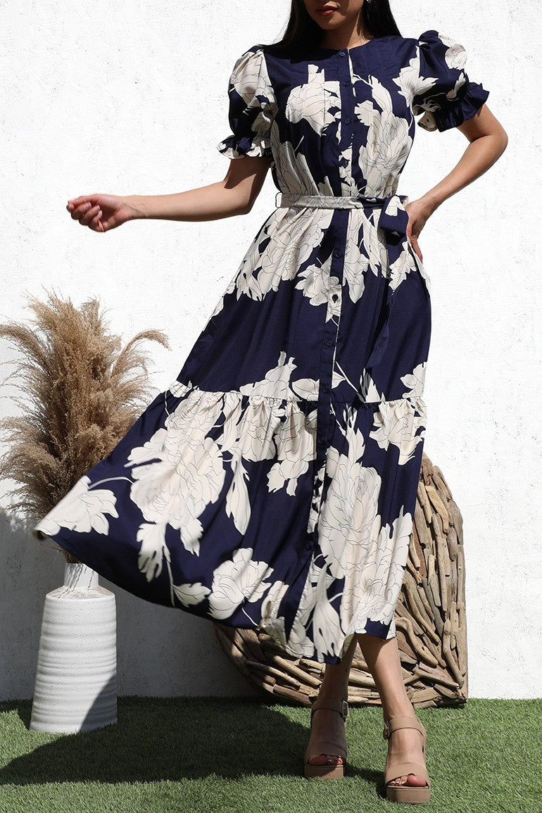 DD5090, PRINTED BUTTON DOWN WOVEN LONG DRESS