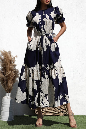 DD5090, PRINTED BUTTON DOWN WOVEN LONG DRESS