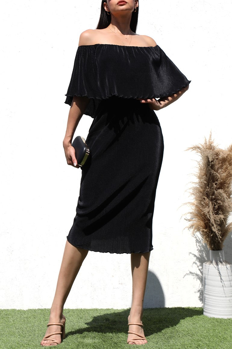 DD4667, PLEATED OFF SHOULDER MIDI DRESS