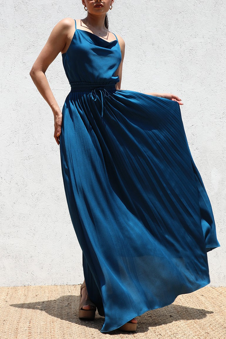 DD6528, PLEATED COW NECK SATIN MAXI DRESS