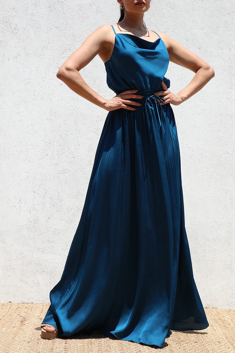 DD6528, PLEATED COW NECK SATIN MAXI DRESS