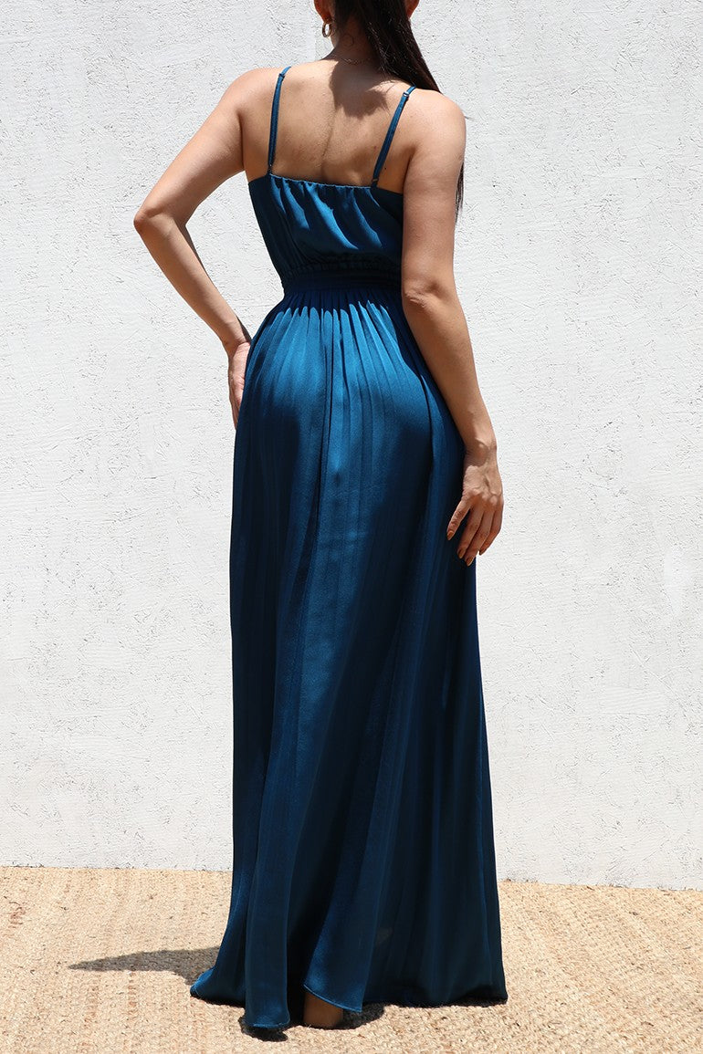 DD6528, PLEATED COW NECK SATIN MAXI DRESS