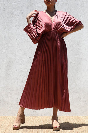 DD4923, PLEATED V NECK SATIN LONG DRESS