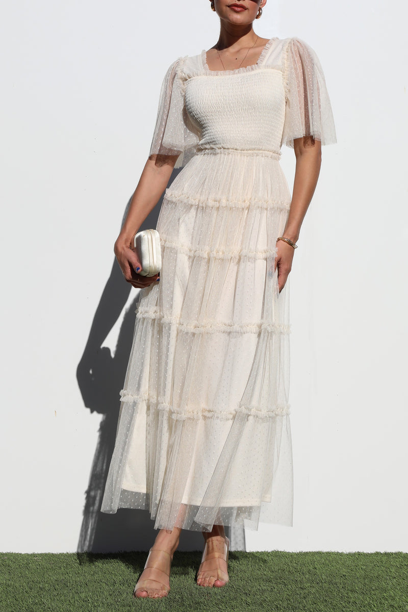DD4649, RUFFELD MESH LONG DRESS