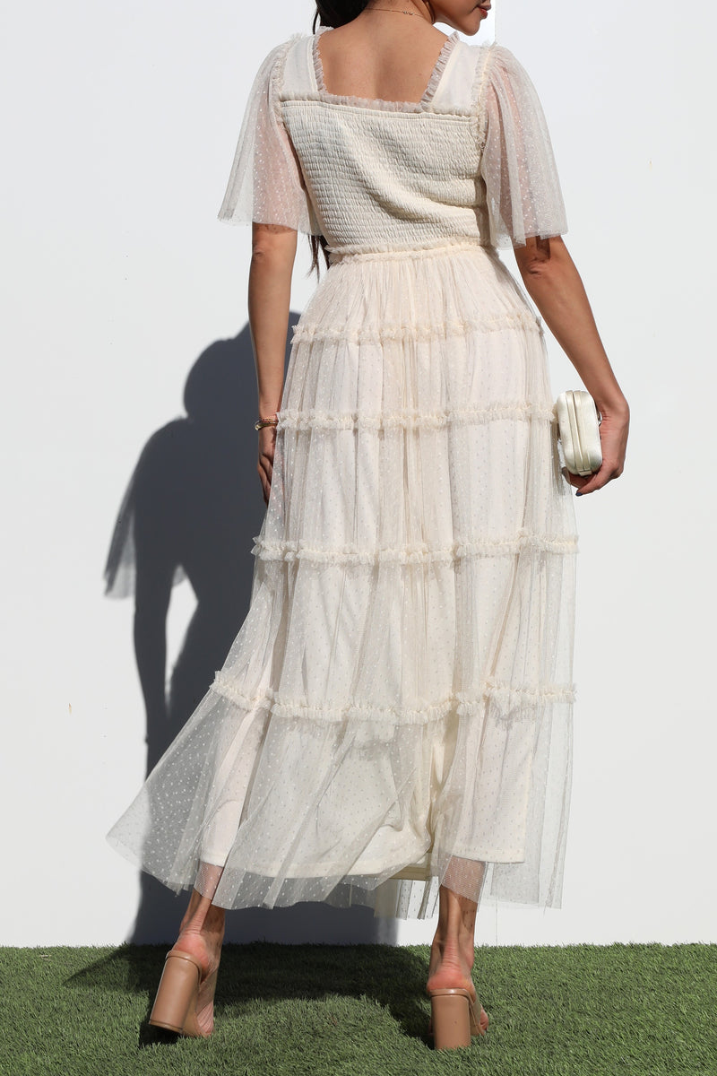 DD4649, RUFFELD MESH LONG DRESS