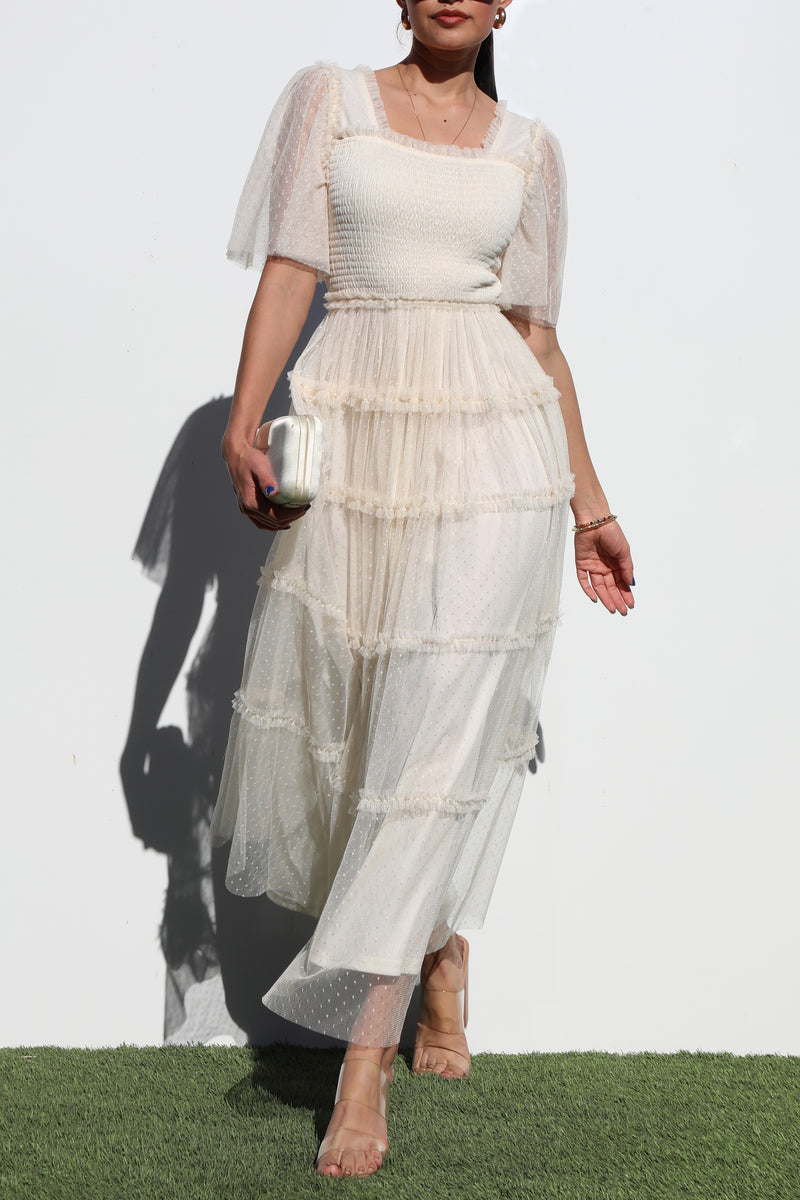 DD4649, RUFFELD MESH LONG DRESS